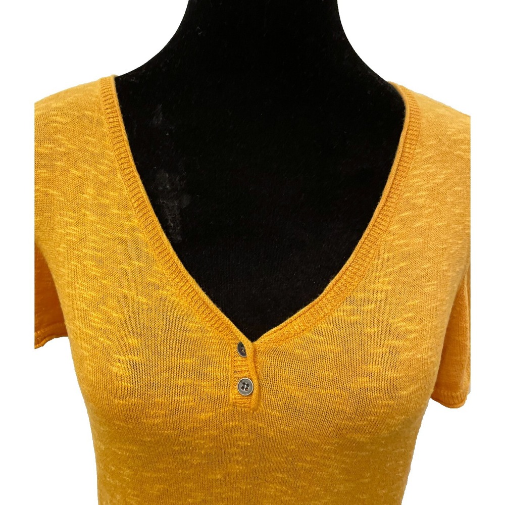 Eileen Fisher Womens Pullover Short Sleeve Henley Top Large Gold Linen Blend - Picture 3 of 12